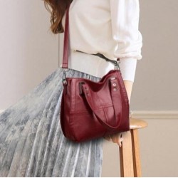 Red Leather Top Zip Tote Purse