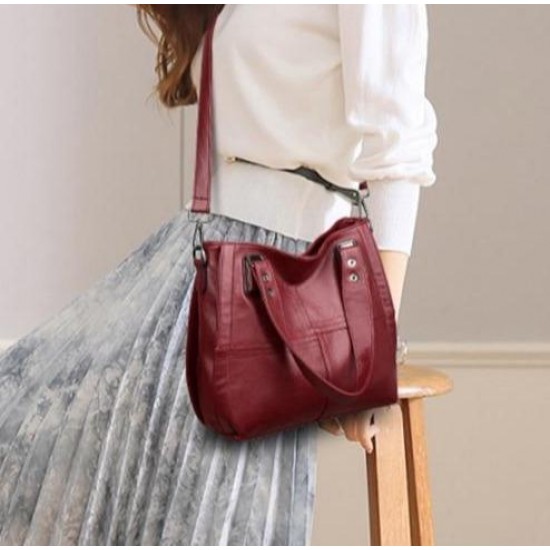 Red Leather Top Zip Tote Purse